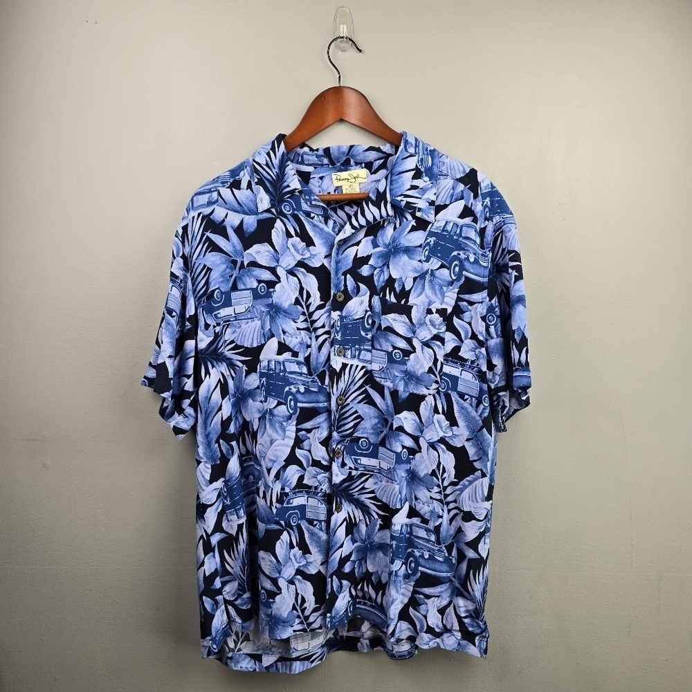 PANAMA JACK Short Sleeve Button-up Shirt Floral/Cars Print Blue Mens Sz L - Picture 2 of 12